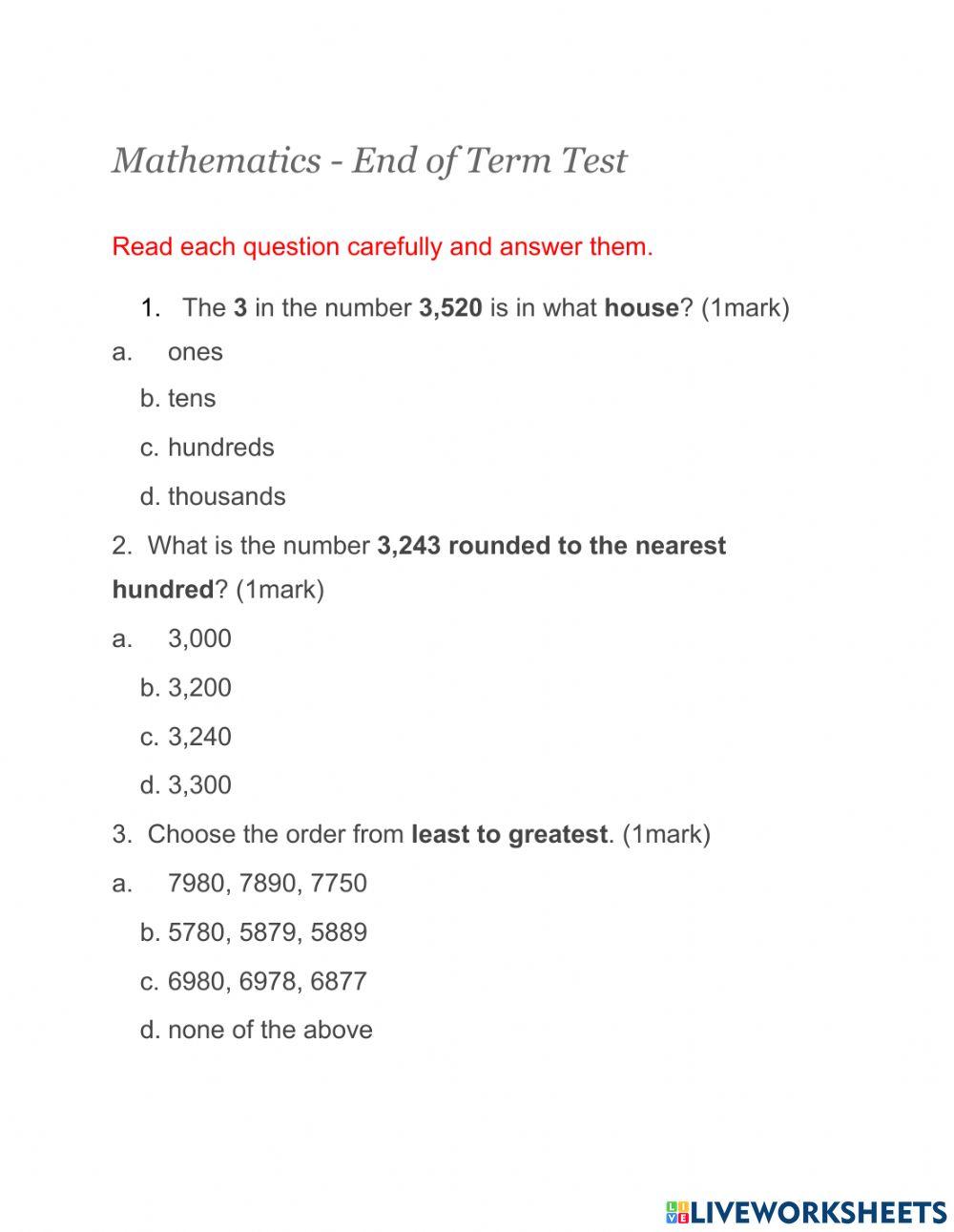 Mathematics Test