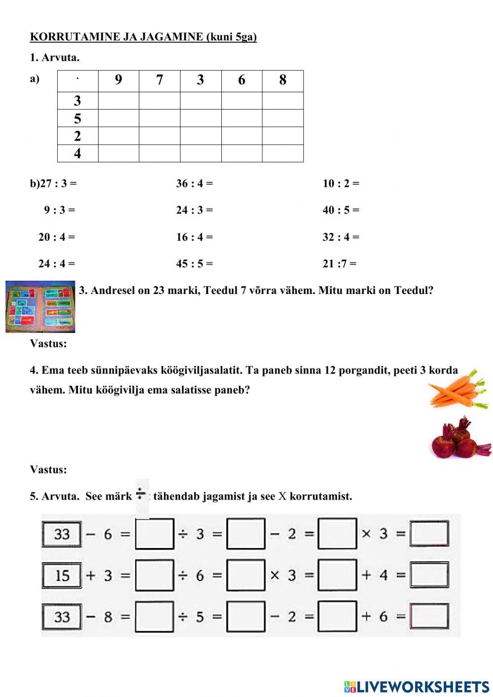 Korrutamine ja jagamine kuni 5ga