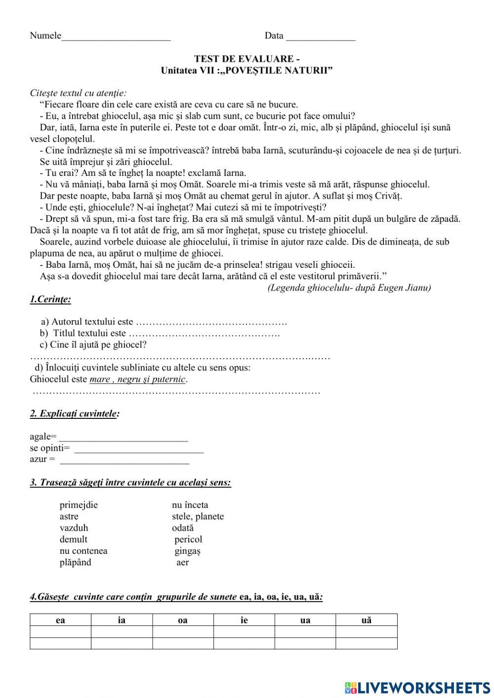 Test de evaluare „Poveștile naturii”