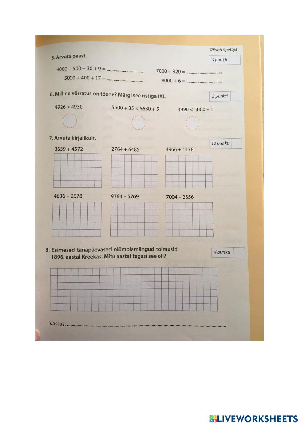 Kontrolltöö (arvud10000ni, kirjalik arvutamine