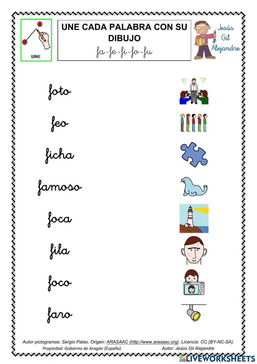 Une palabra y dibujo fa fe fi fo fu minúsculas