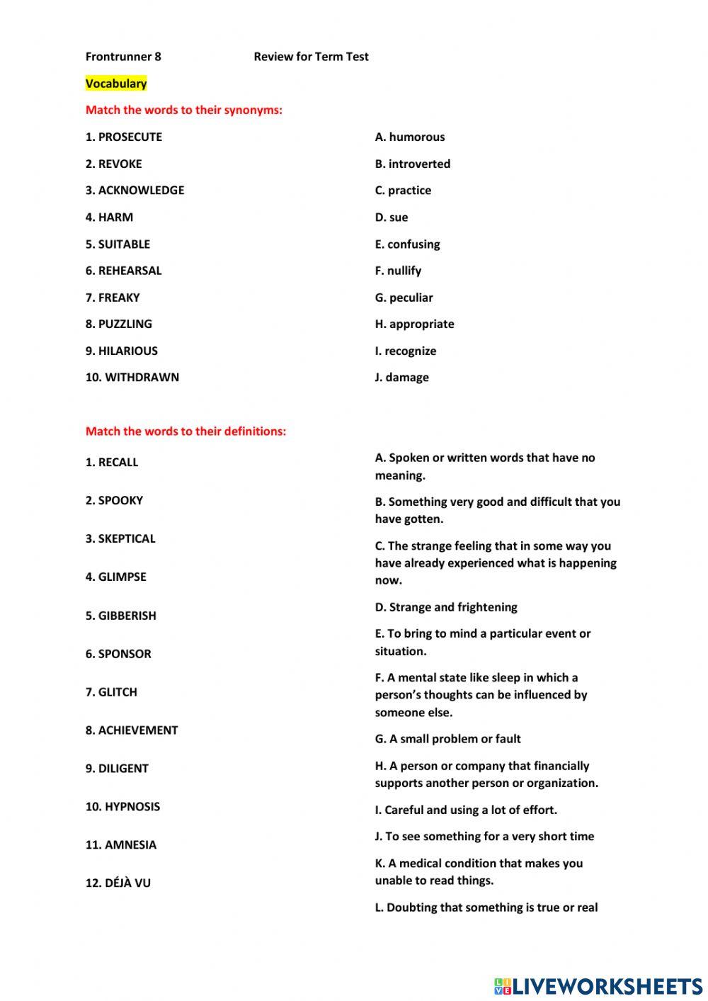FR 8 Review of Vocabulary Units 1 to 3