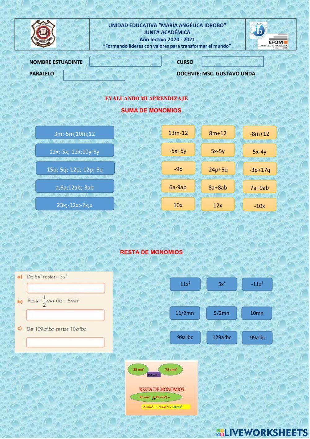 Suma y resta de monomios y polinomios