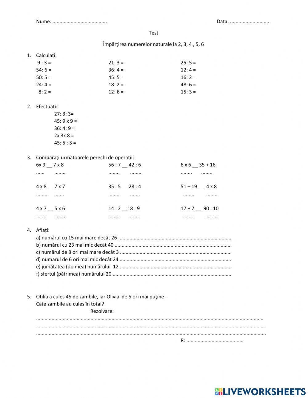 Test impărtirea la 2,3, 4, 5, 6