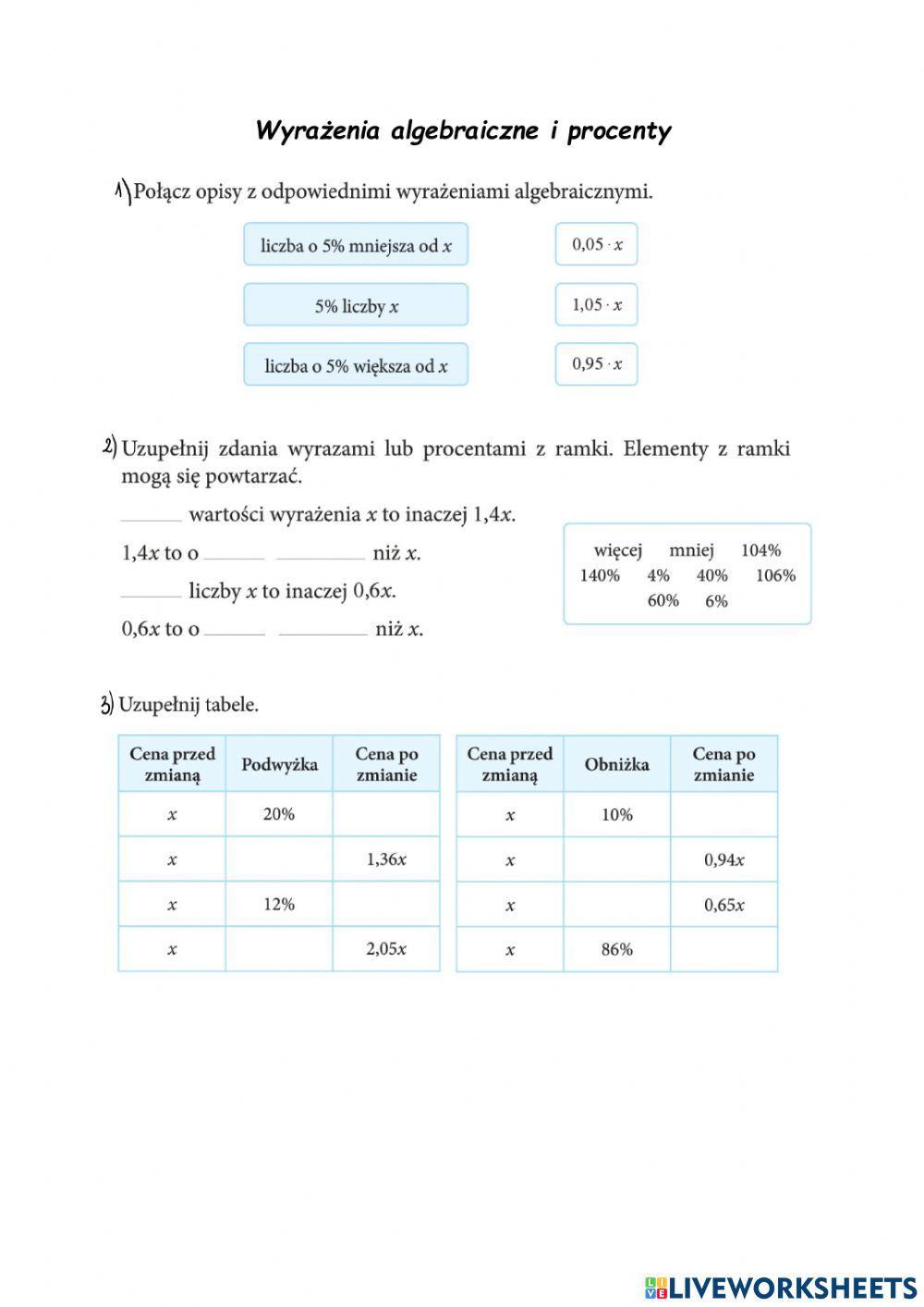 Wyrażenia algebraiczne i procenty
