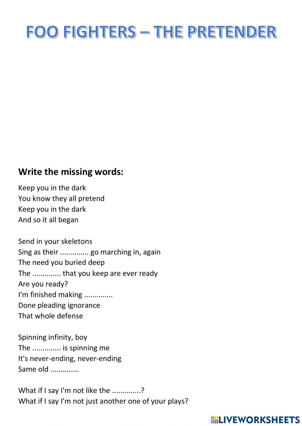 Song Worksheet - Foo Fighters, My Hero - ESL worksheet by LauraEBell