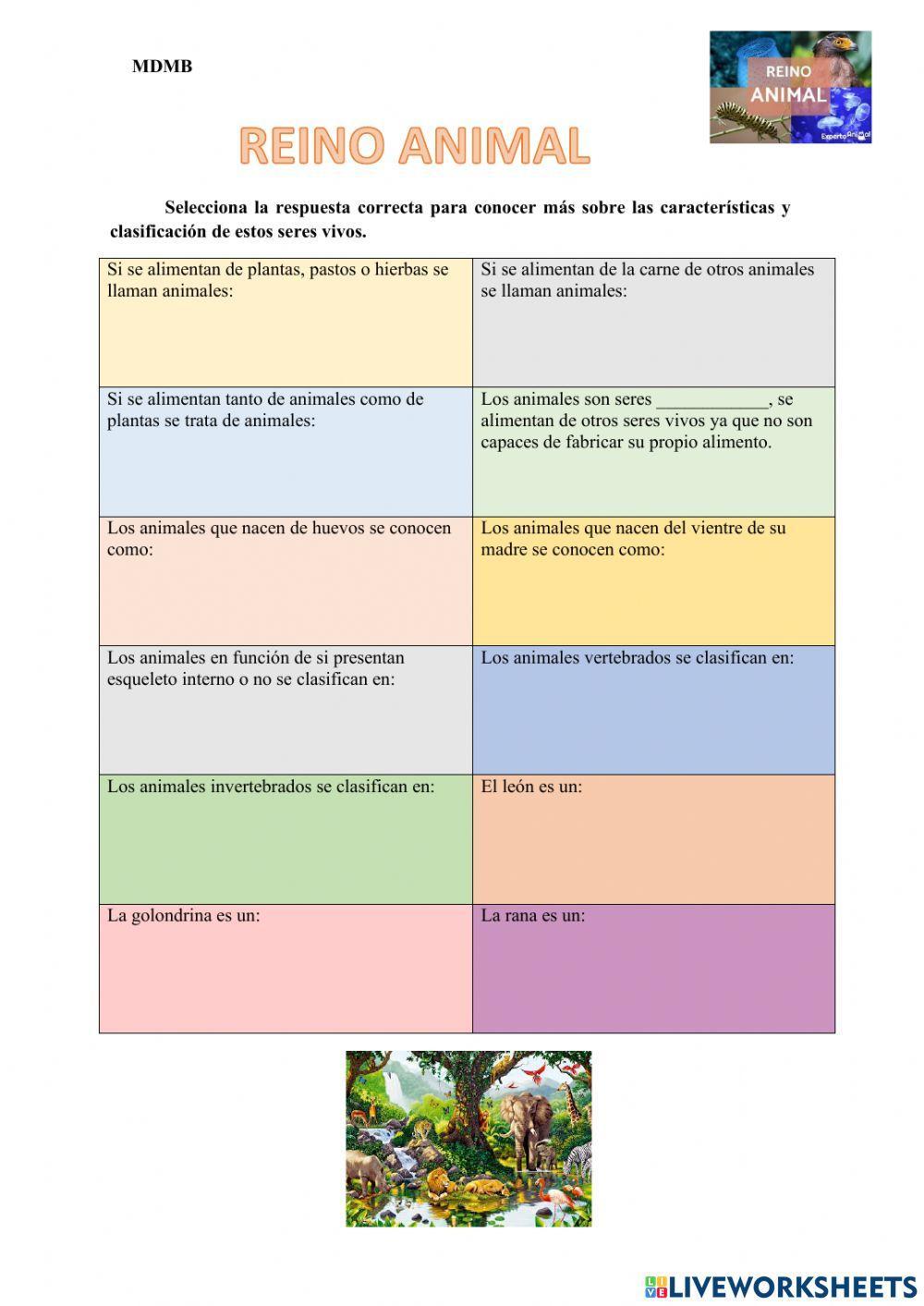 Ficha sobre el reino animal