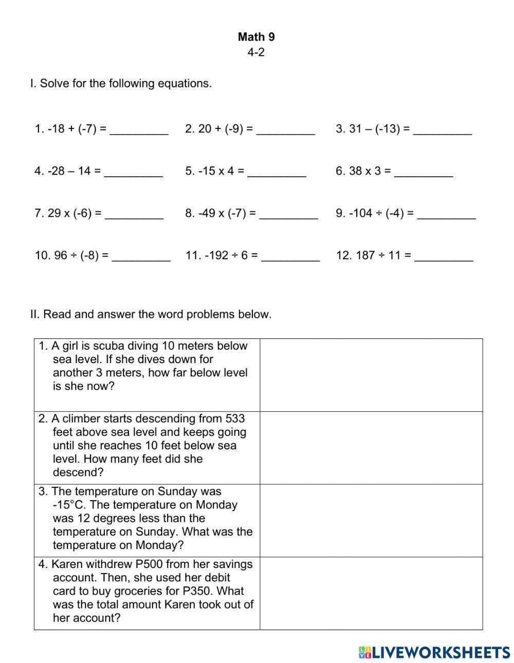 Integers Word Problems QUIZ