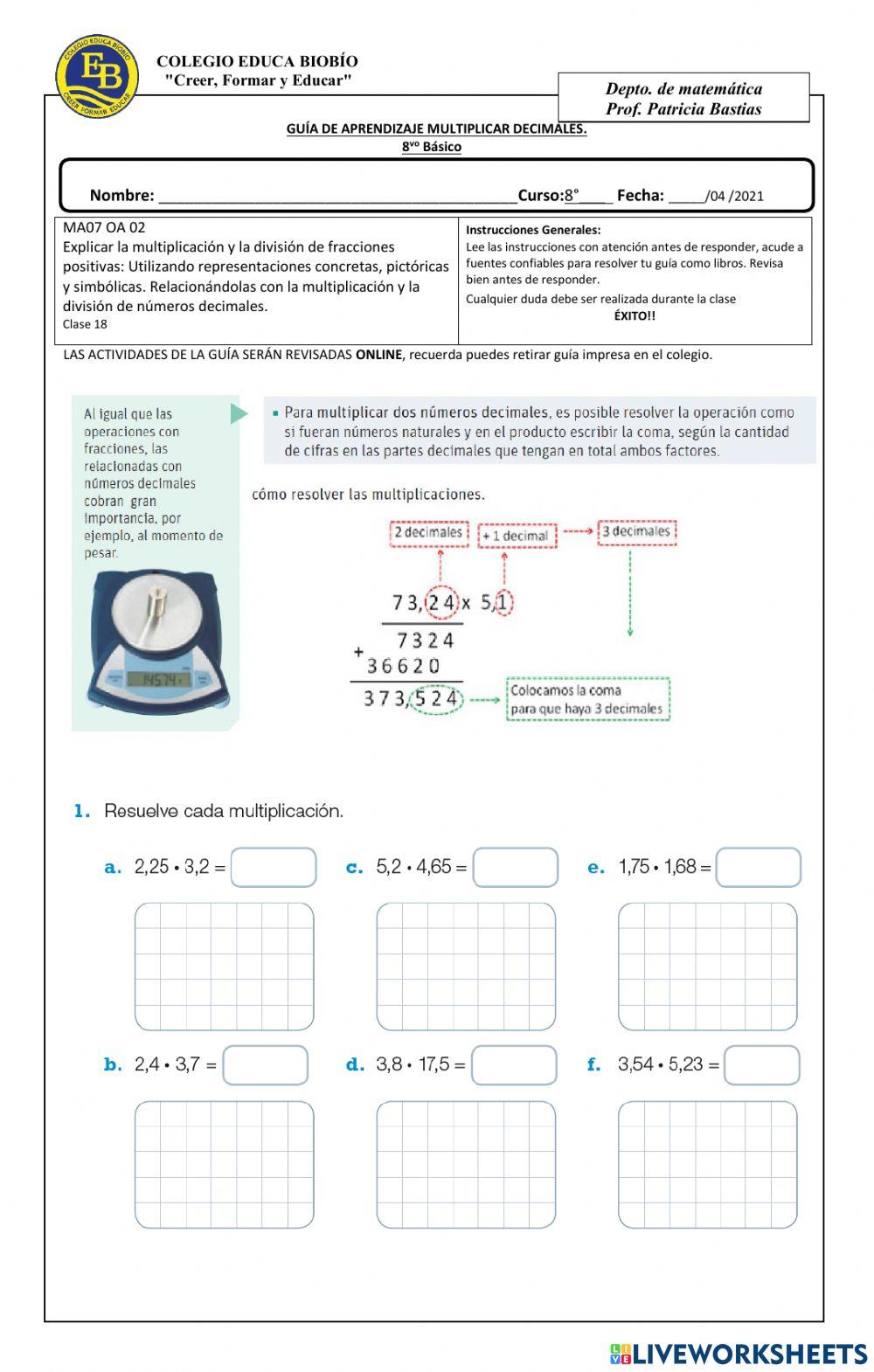 Guía 18 8° Multiplicar decimales Guía 18 8° Multiplicar decimales