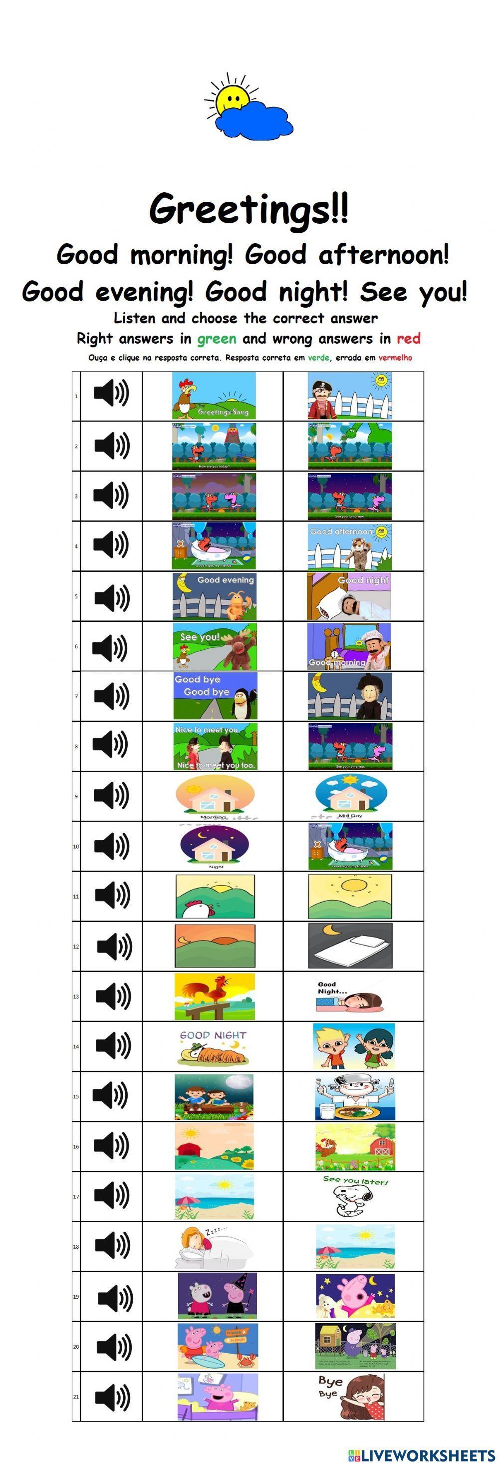 Greetings: good morning, good afternoon, good evening, good night, goodbye, see you