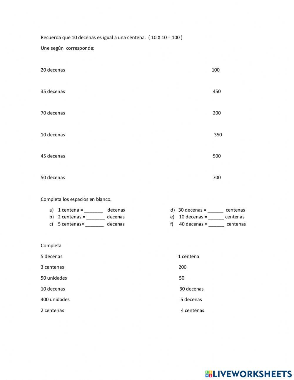 Equivalencias centenas a decenas...