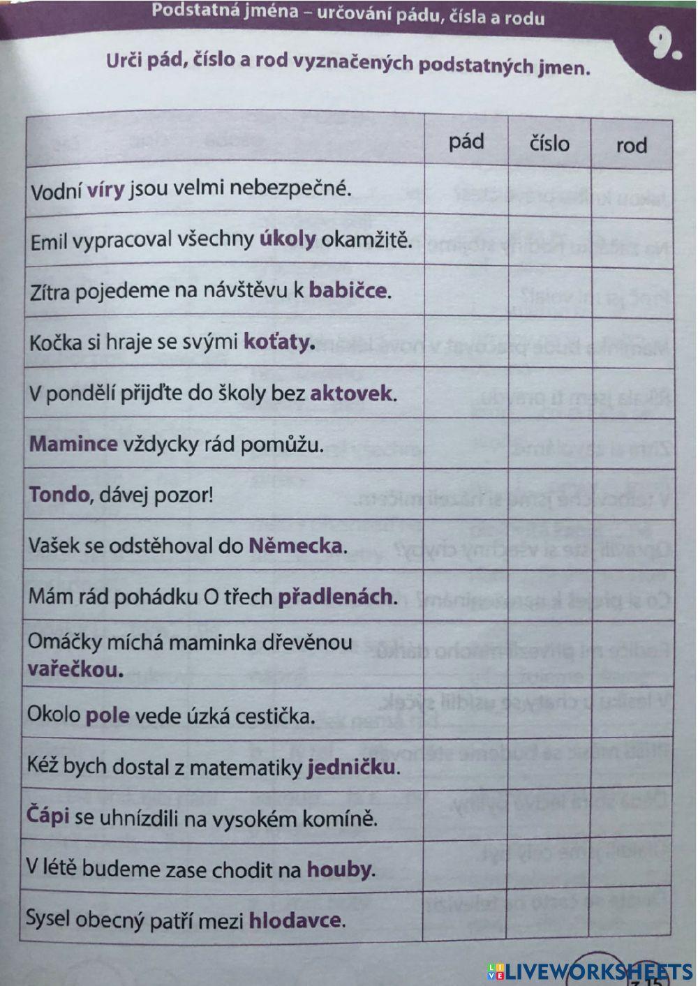 Pád, číslo, rod podstatných jmen