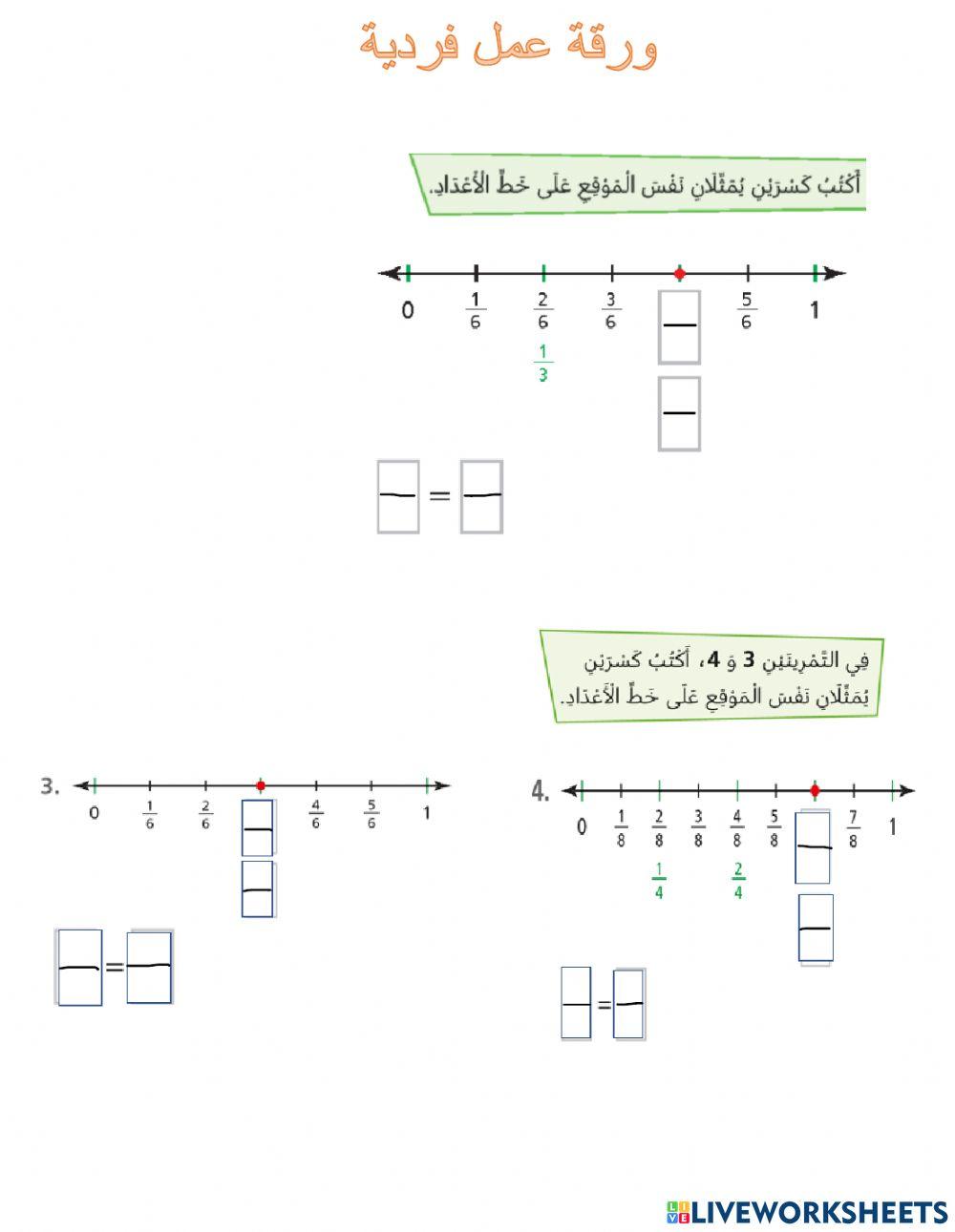 الكسور المتكافئة استعمال خط الأعداد