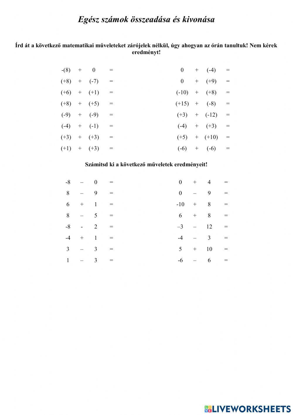 Egész számokkal végzett műveletek