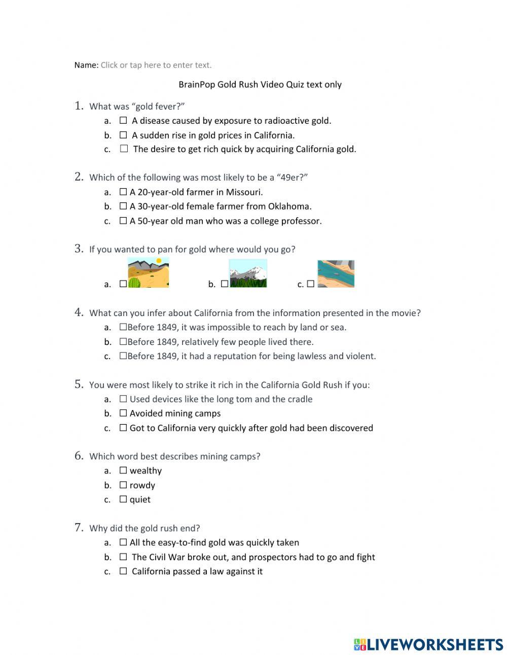 BrainPop Gold Rush Quiz text only worksheet Live Worksheets