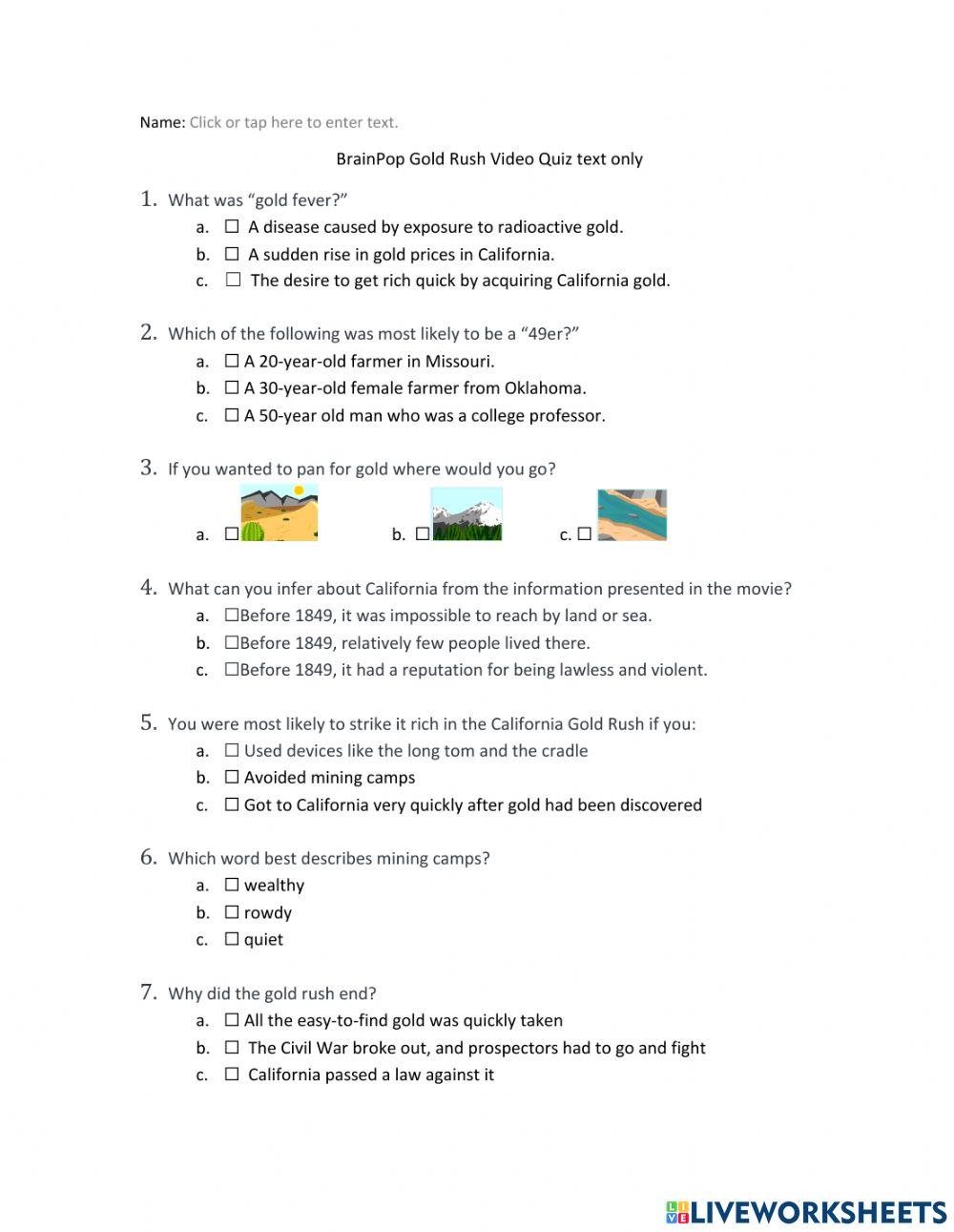 BrainPop Gold Rush Quiz text only