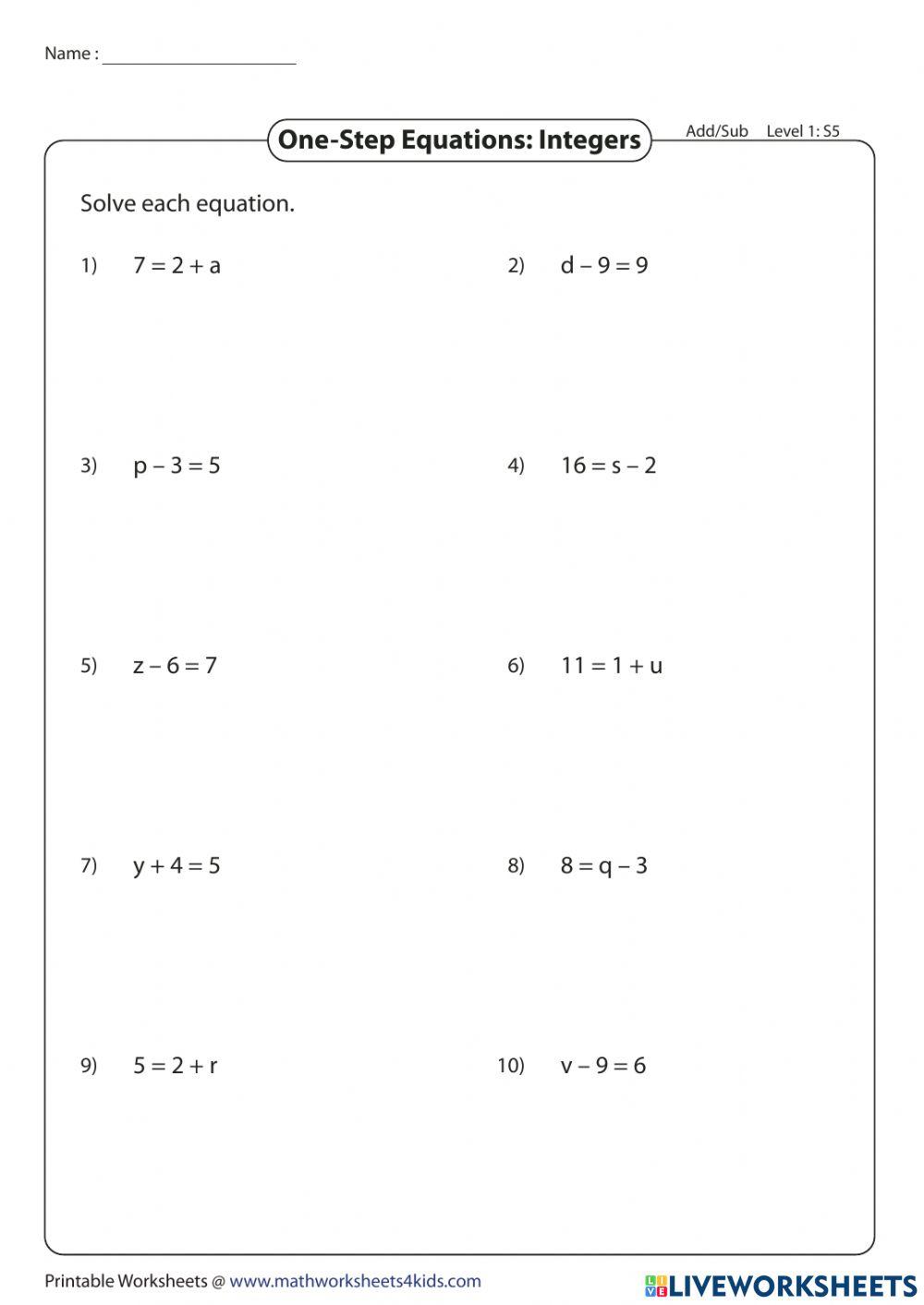 One Step Equations: Integers online exercise for Live Worksheets