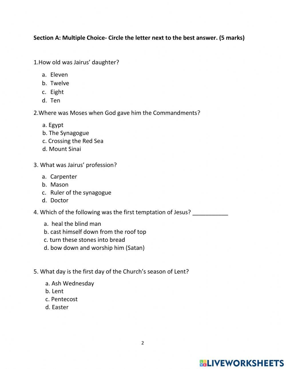 Religion End of Unit Exam