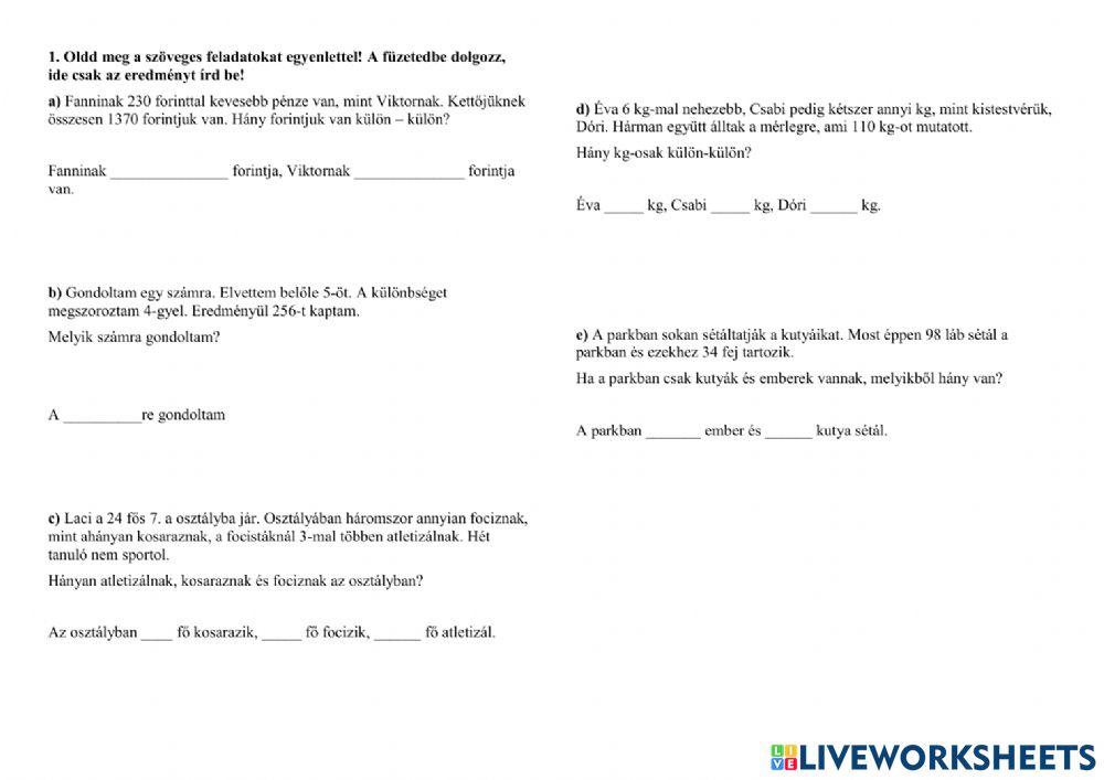Szöveges feladatok- felelet