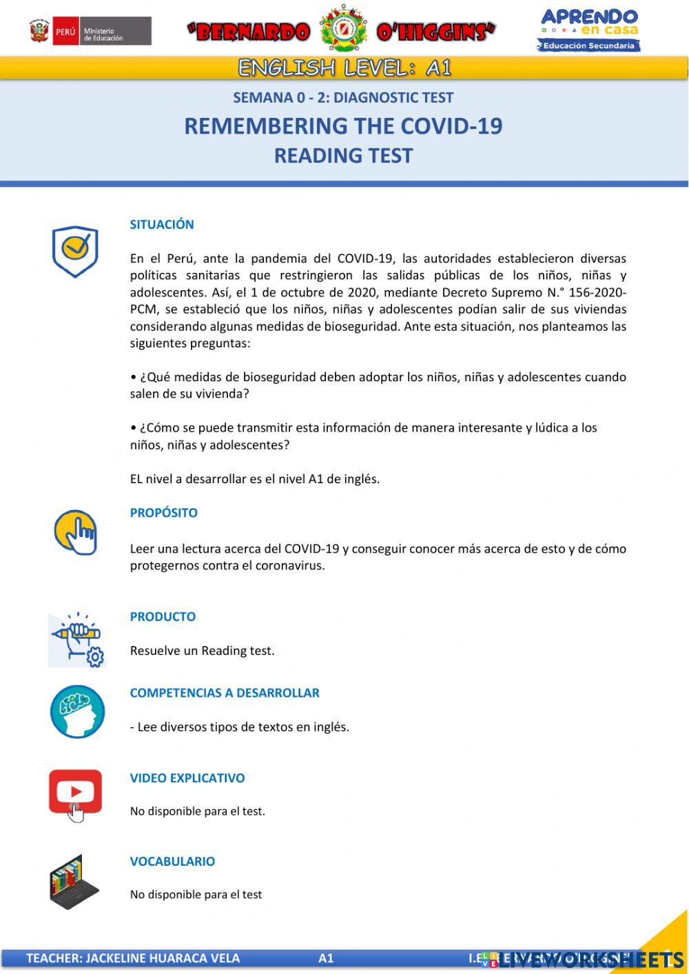 Aprendo en casa - inglés A1- READING TEST