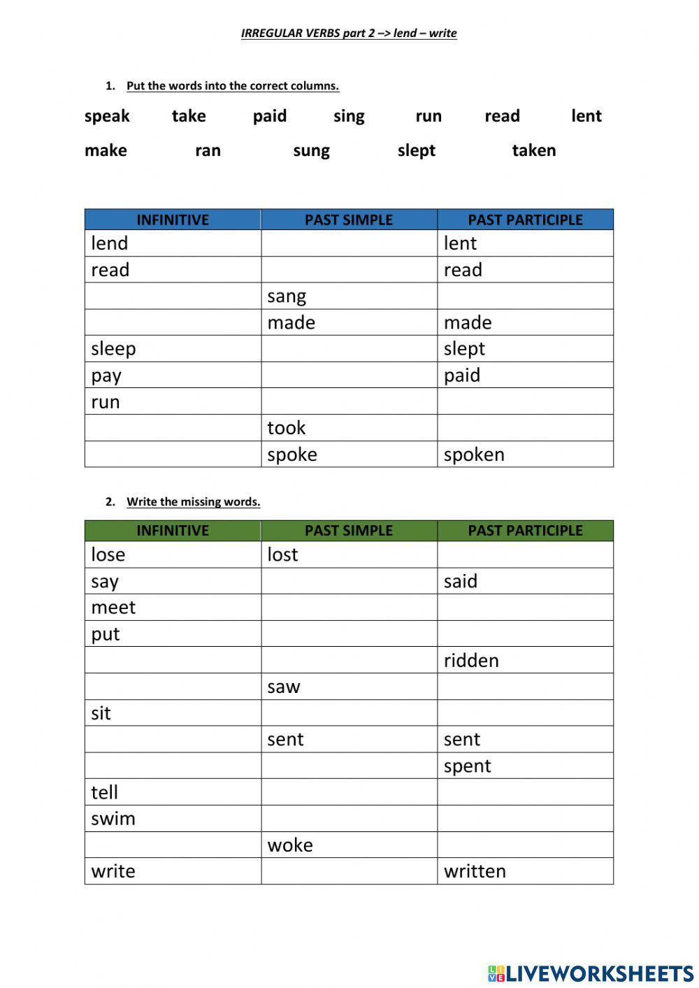 Irregular verbs lend-write