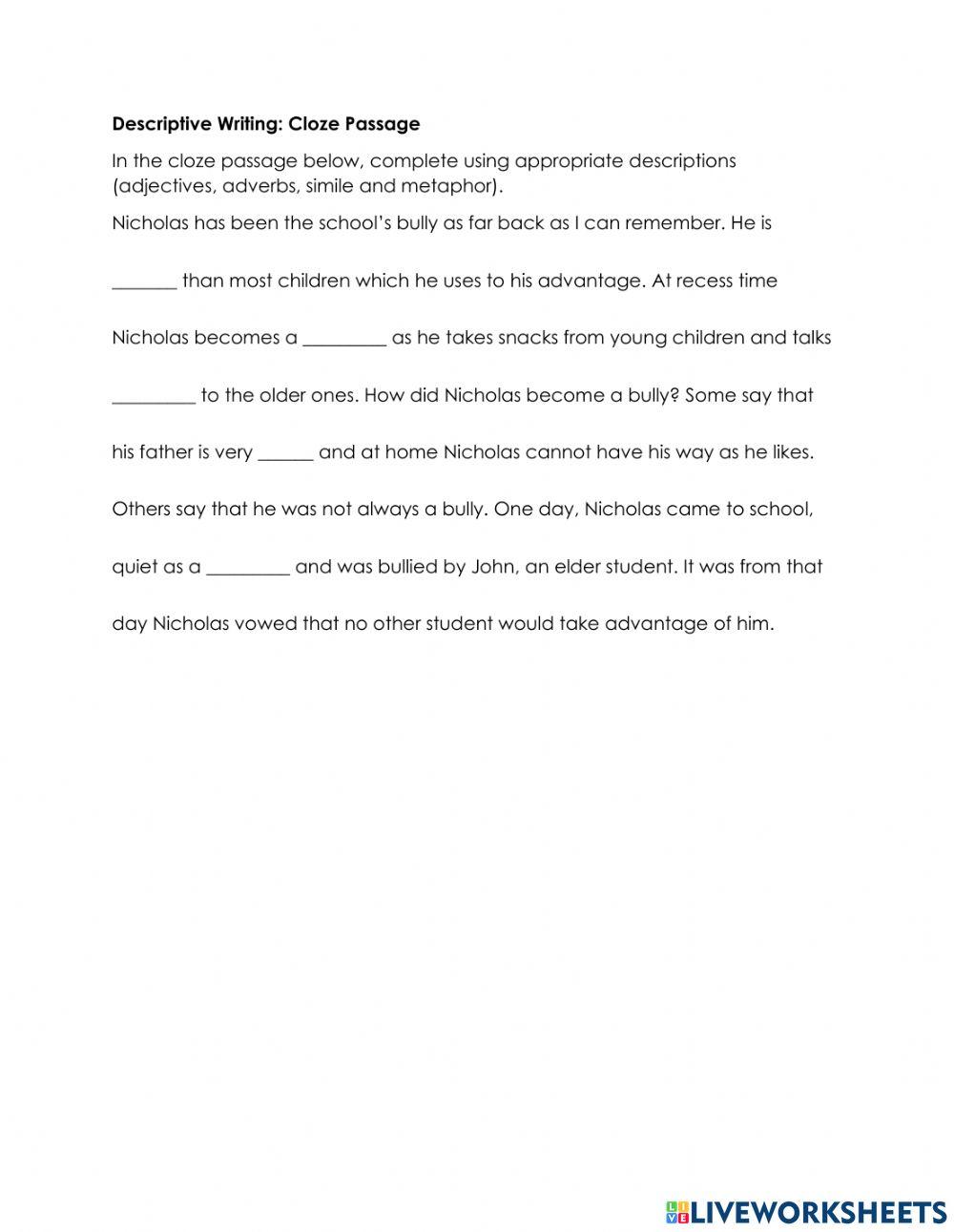 Descriptive Writing: Cloze Passage online exercise for | Live Worksheets