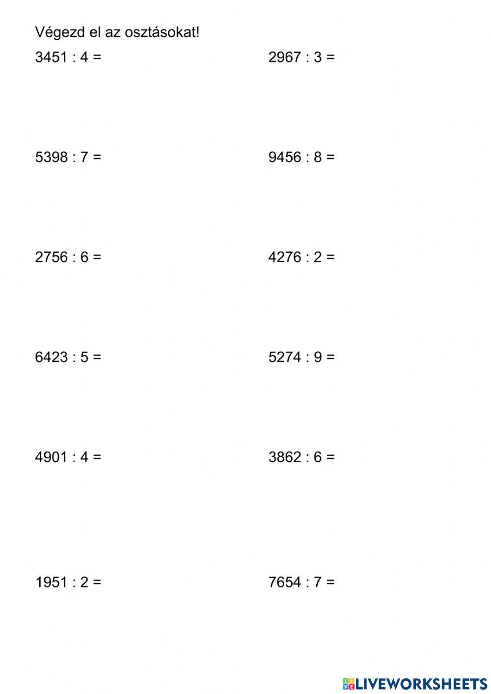 Írásbeli osztás egyjegyű osztóval