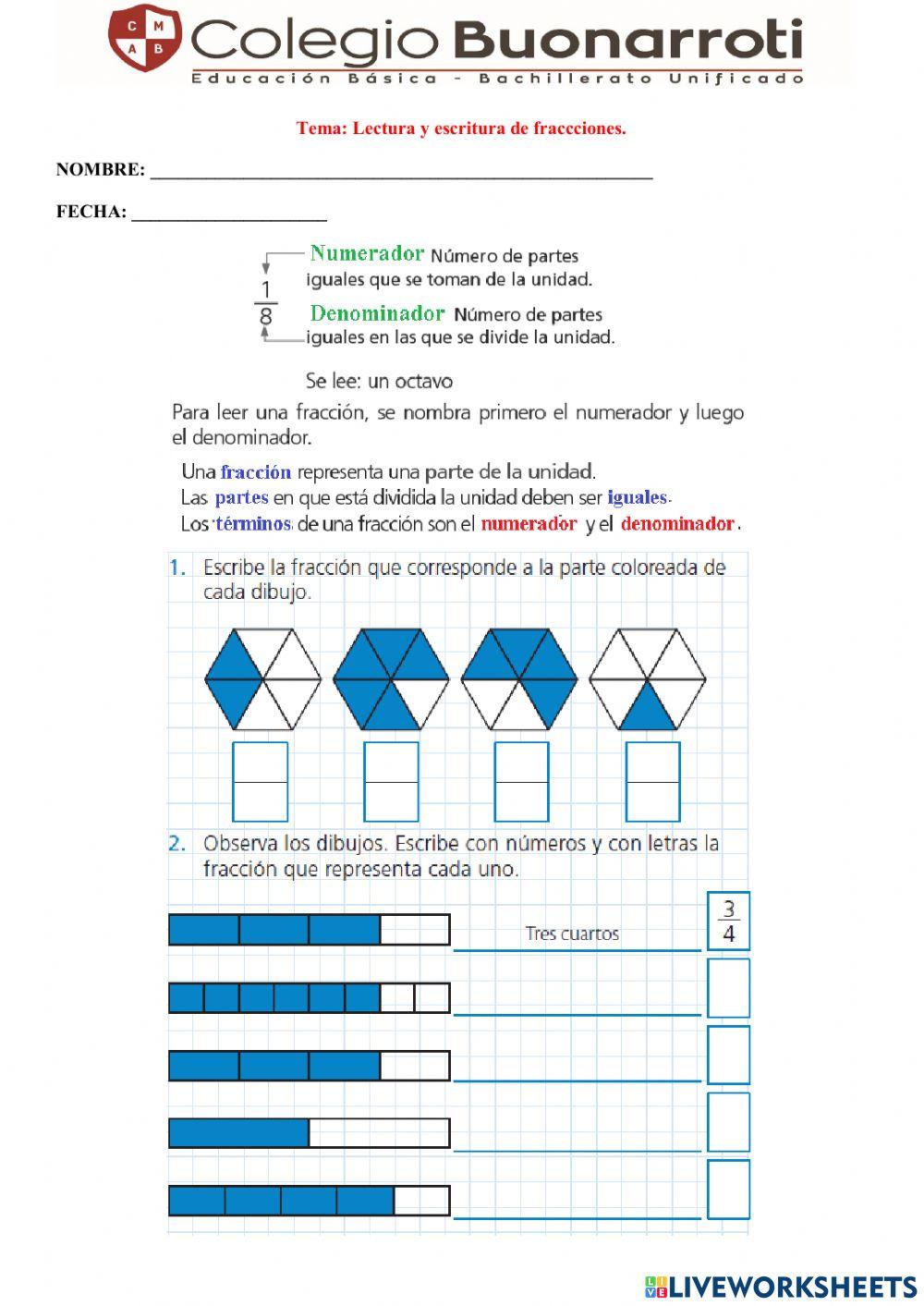 Lectura y escritura de fracciones