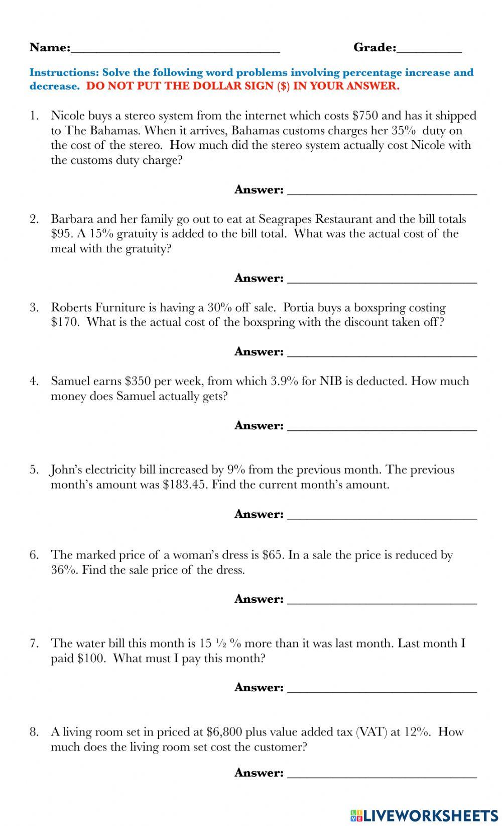 Percentage: Inc… | Free Interactive Worksheets | 6499650