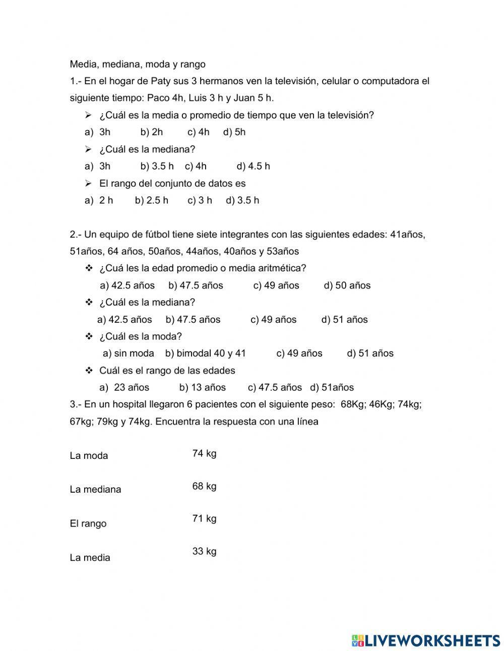 Ejercicios de media,mediana, moda y rango secundaria