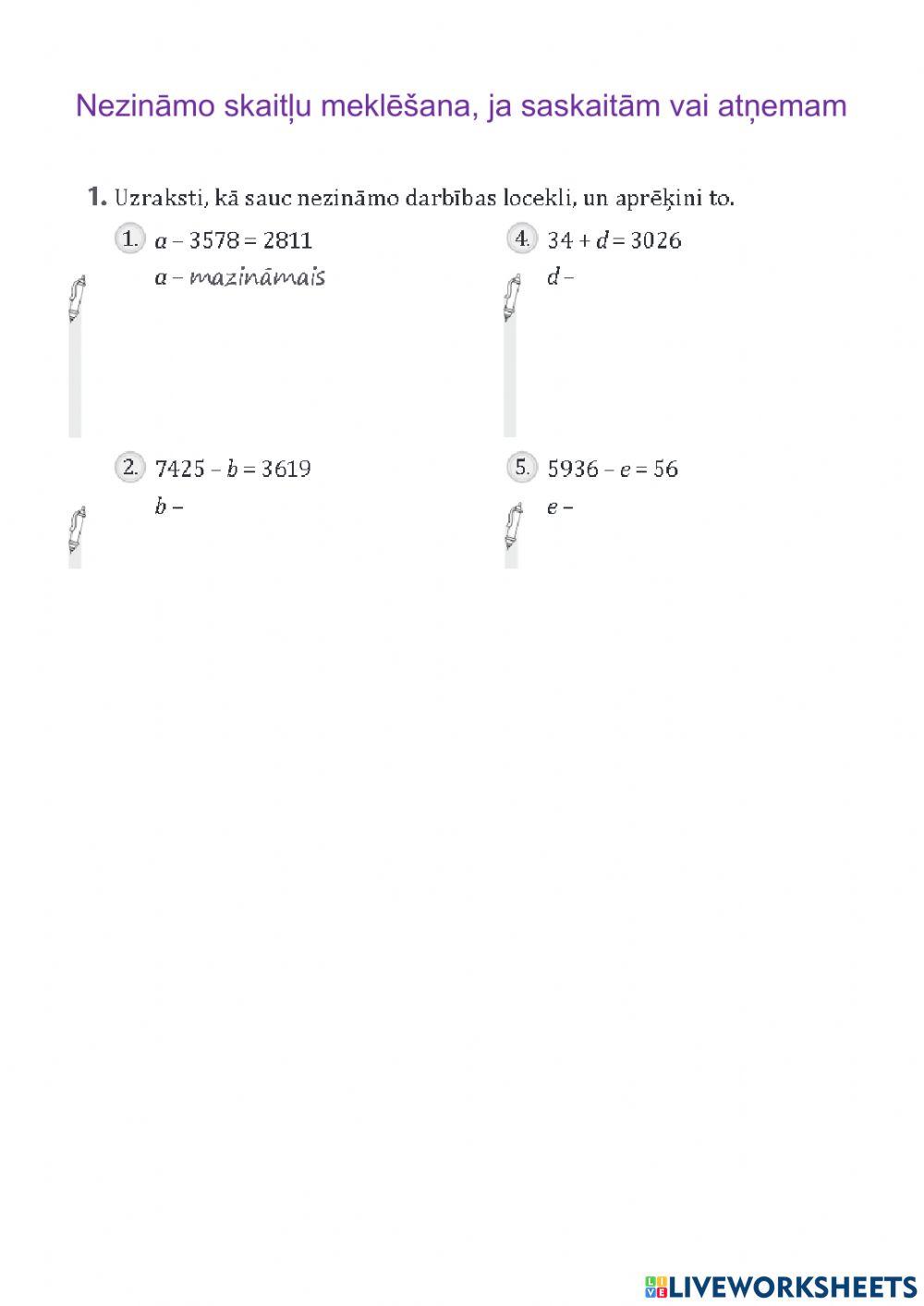 Nezināmo skaitļu meklēšana, ja saskaitām vai atņemam