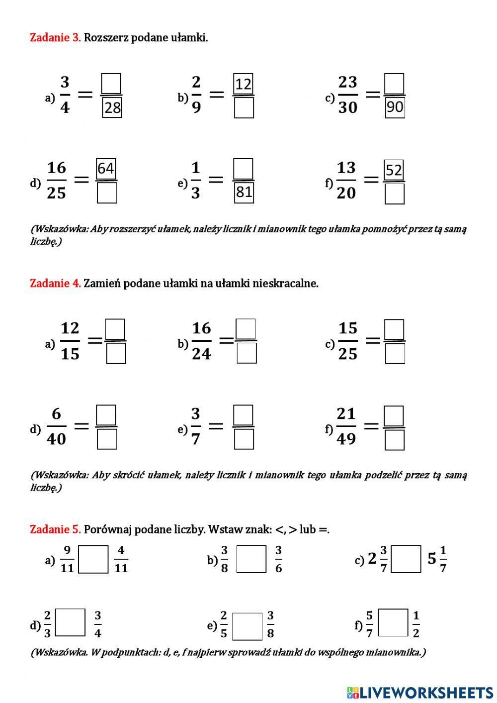 Karta pracy - ułamki zwykłe - kl 4 - wersja 2