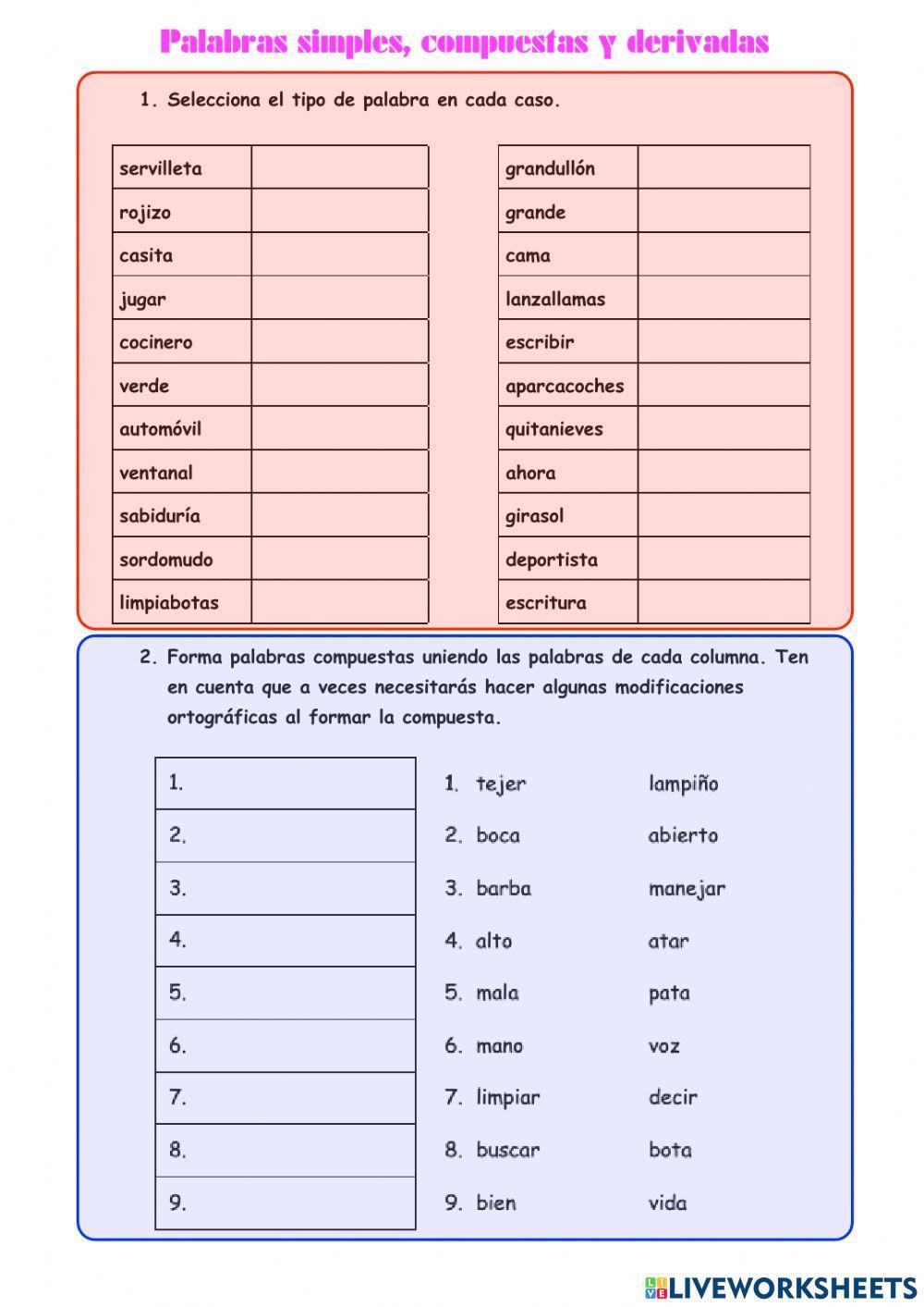 Palabras simples, compuestas o derivadas