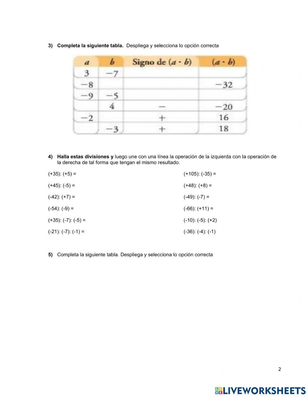 Multiplicación y división de números enteros