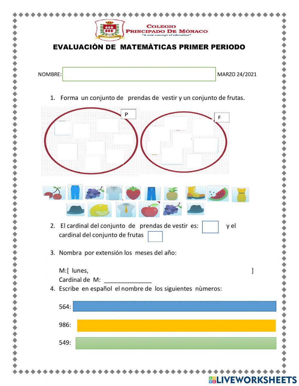 Evaluación  matemáticas primer  periodo