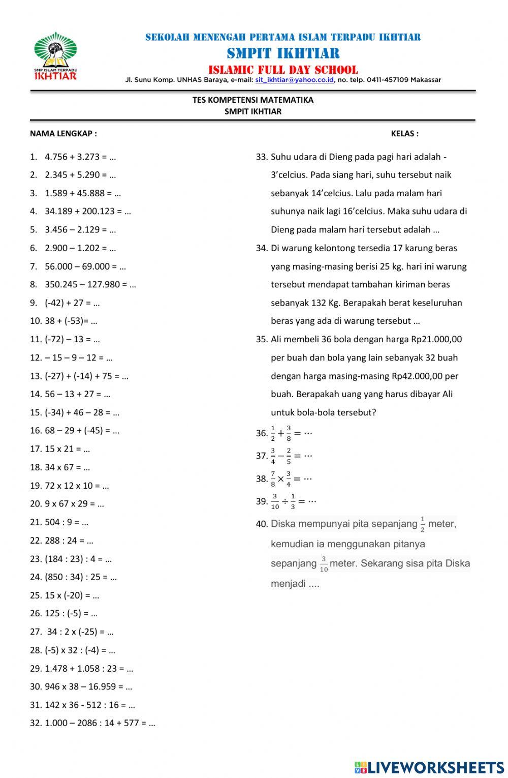 Tes Kompetensi Matematika