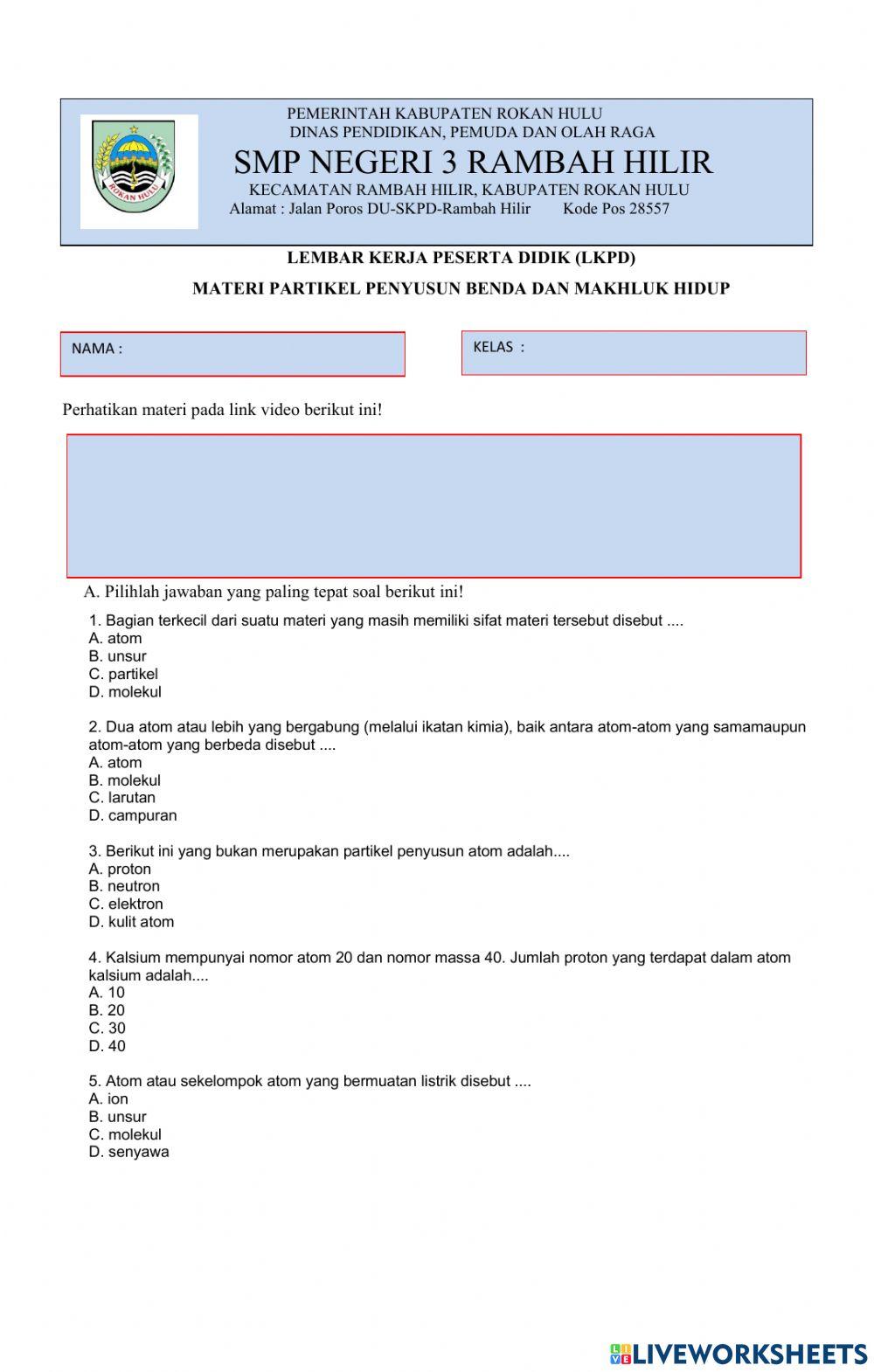 LKPD MATERI PARTIKEL PENYUSUN BENDA DAN MAKHLUK HIDUP KELAS 9 SMP