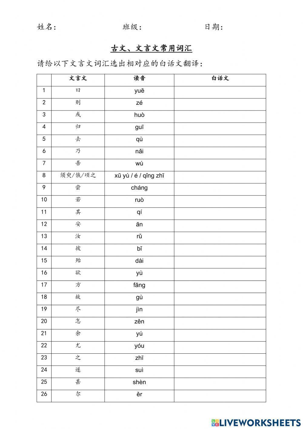 文言文常用词汇