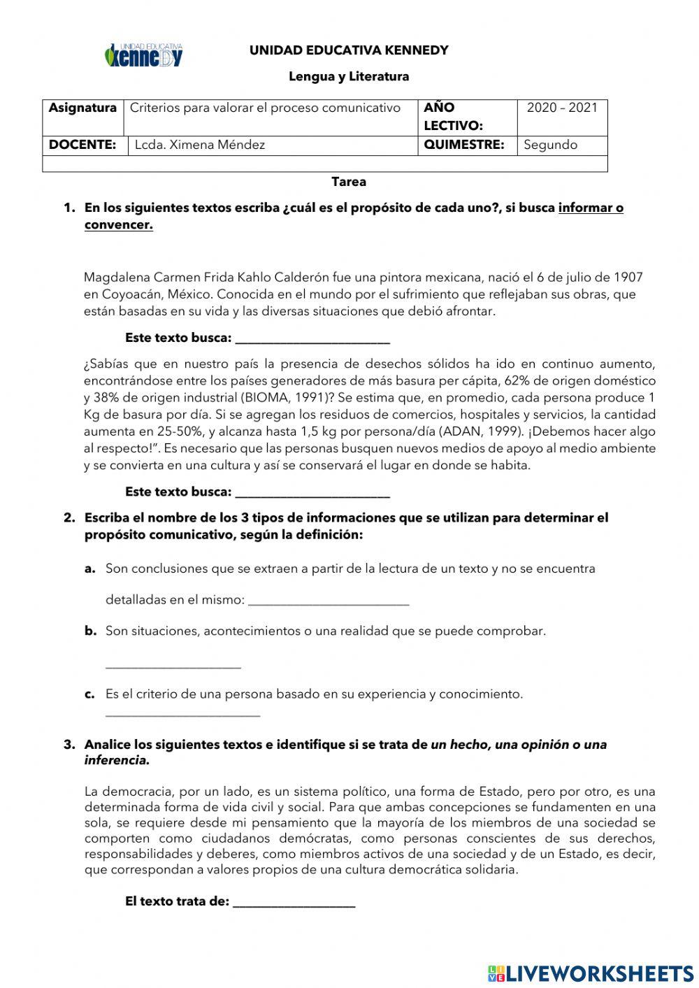 Criterios para valorar el propósito comunicativo