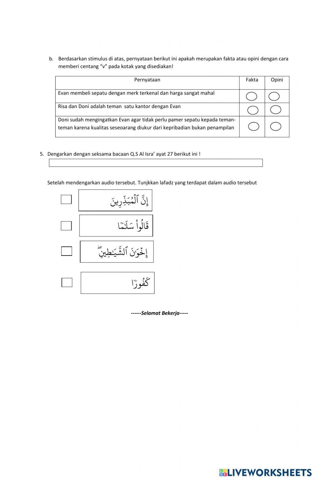 Lkpd k8 KD 3.1 Q.S Al isra' : 27 dan Q.S al furqan:63 tentang rendah hati hemat dan sederhana