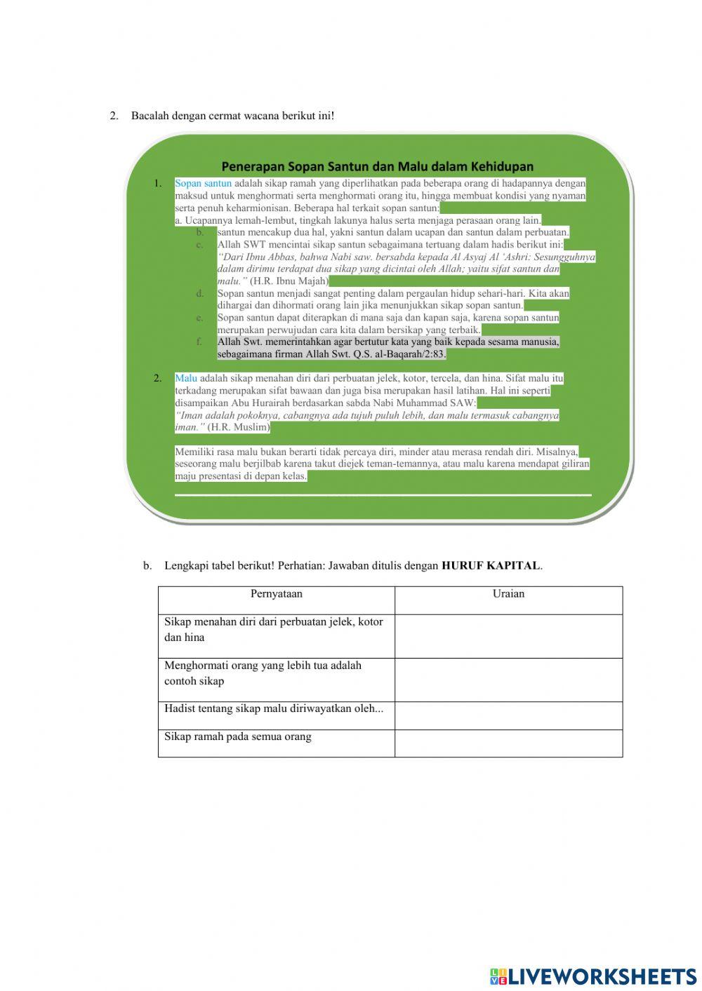 Umi Karomah, S.Pd LKPD K9 KD 5.6 Memahami makna tatakrama, sopan santun dan malu