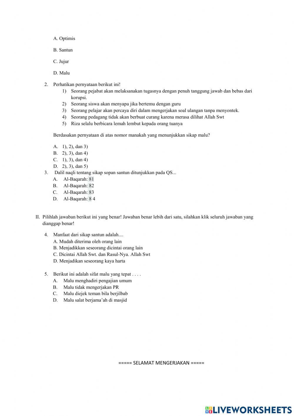 Umi Karomah, S.Pd LKPD K9 KD 5.6 Memahami makna tatakrama, sopan santun dan malu
