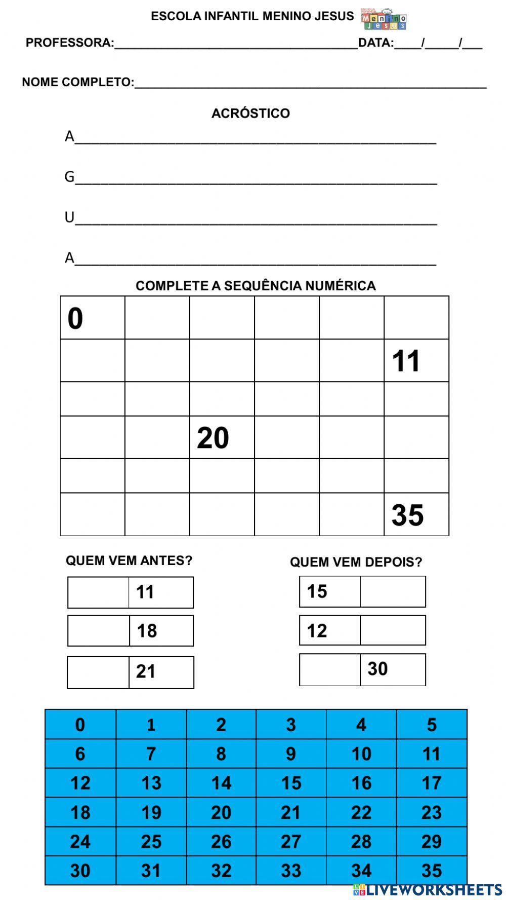 Atividade de português com números