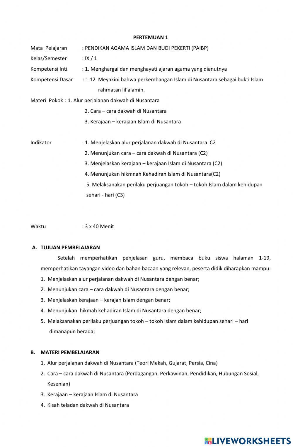 LKPD K9 KD 3.12 Memahami perkembangan Islam di Nusantara