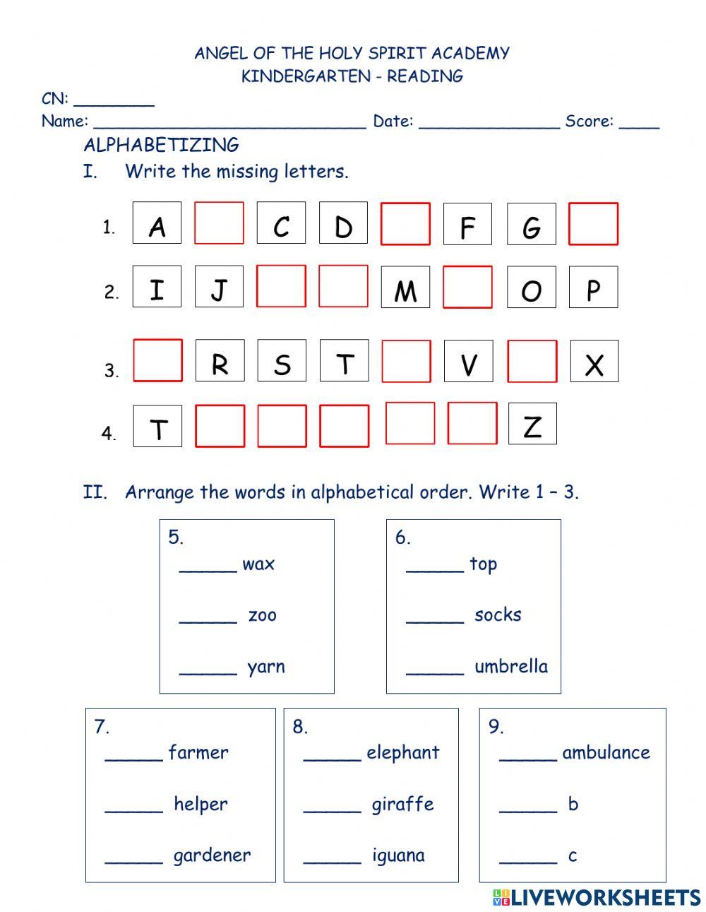Alphabetizing liveworksheets 851106