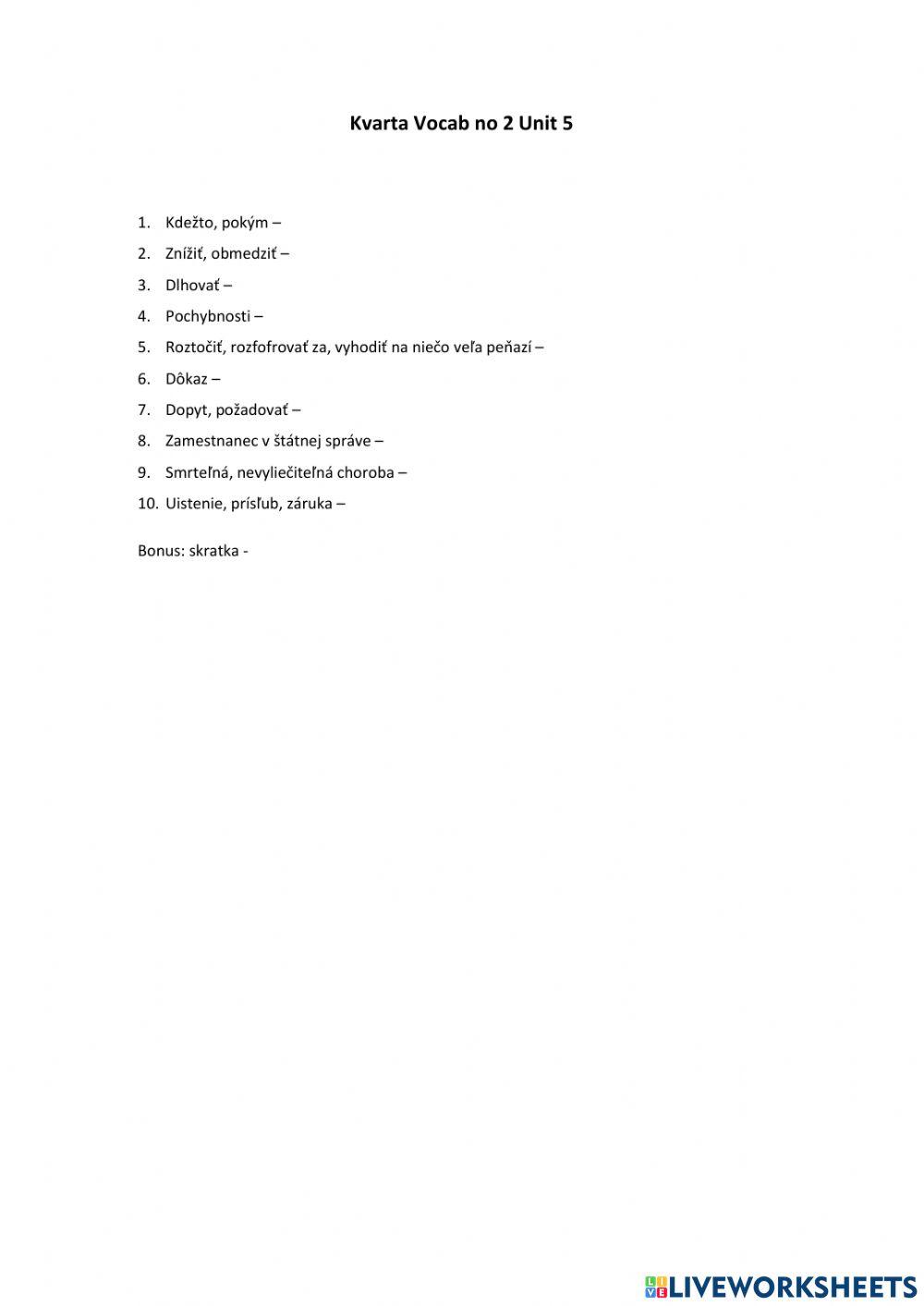 Kvarta Vocab no 2 Unit 5