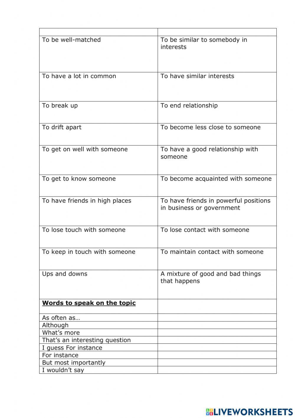 Friendship vocabulary and collocations