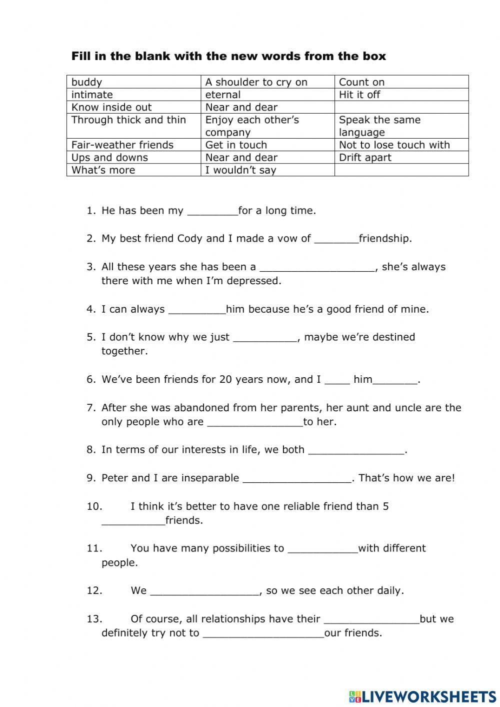 Friendship vocabulary and collocations