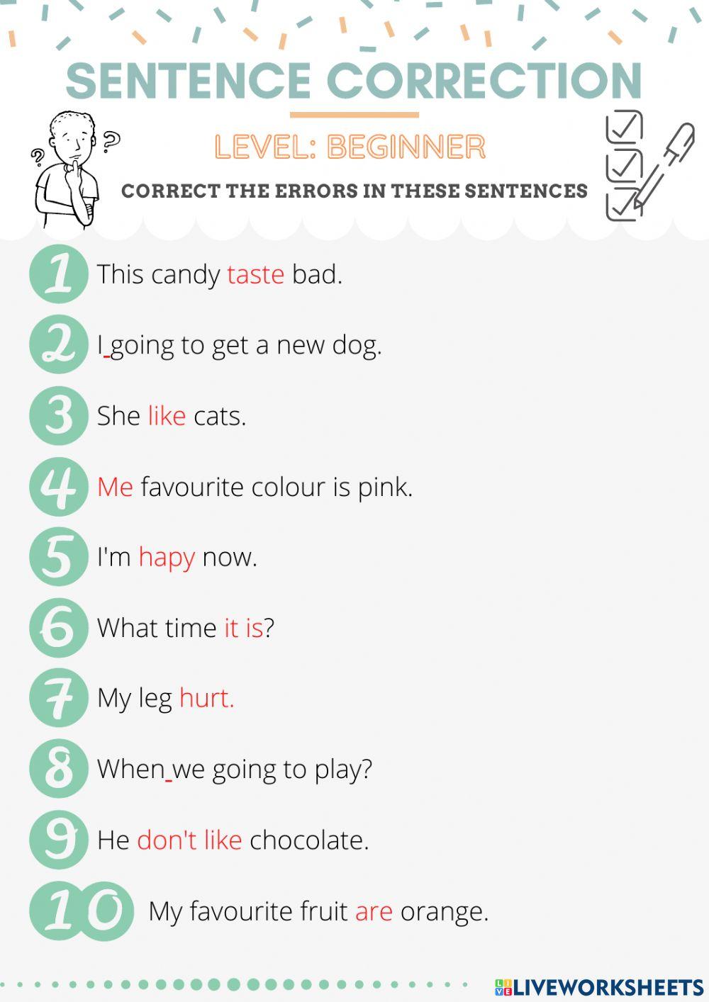 Sentence correction 1 (beginner) interactive worksheet | Live Worksheets