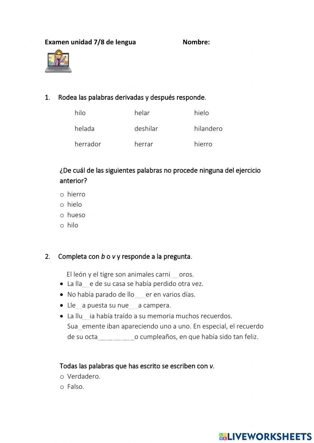 Examen lengua unit 7-8